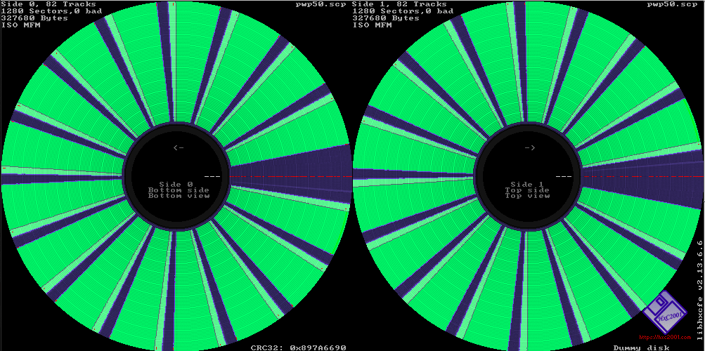 There are 16 pizza slices (sectors) on each side of this disk, shown in the HxC disk visualizer.