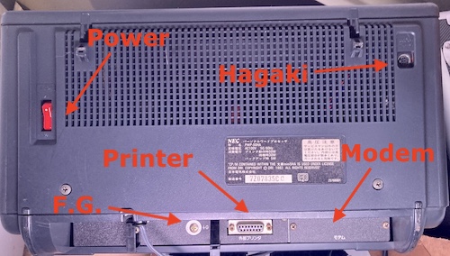 The rear ports of the mini5. Called out are the power switch, the frame ground screw, an external printer port, the modem slot, and the hagaki feeder's control port.