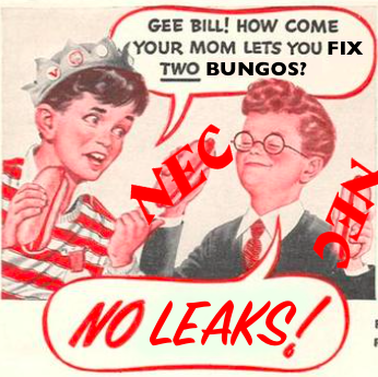 Two children are interacting. One says: Gee Bill, how come your mom lets you fix two Bungos? The other replies: no leaks!