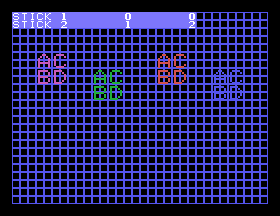 GBASIC is up and running. It says STICK 1: 0, 0; STICK 2: 1, 2. There are also some large characters in the back that were already in the screen buffer when I started GRAPHIC mode, I didn't put those there.
