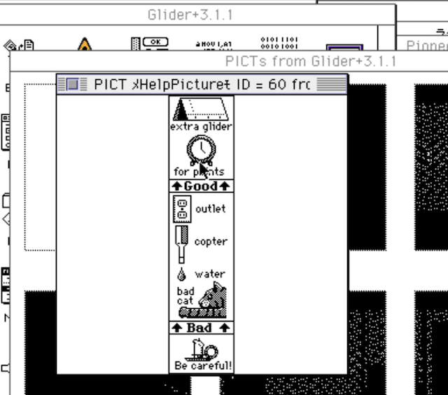 The Glider III help dialogue. It tells you that paper is extra gliders, a clock is for points, and there are bad things: an electrical outlet, a paper helicopter, water drops, and a "bad cat." It warns to be careful around candles.