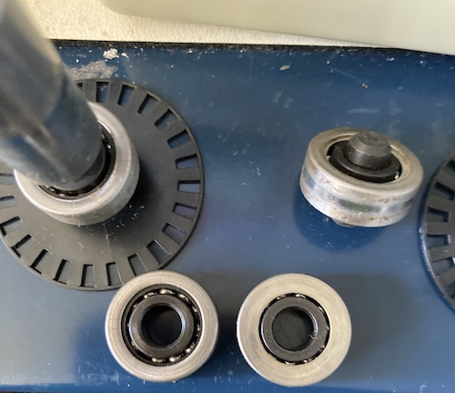 The roller bearings, shafts, and toothed wheels inside the Roller Controller.