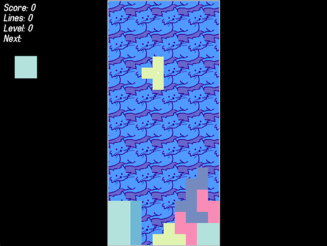The Rust Tetris clone, with a System 7.5 cat background and several falling blocks. The score is 0, the lines are 0, the level is 0, and the next block falling is a 2x2 square.
