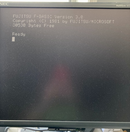 The startup screen of the FM77AV2. It reads FUJITSU F-BASIC Version 3.0, Copyright 1981 by FUJITSU/MICROSOFT, 30530 bytes free