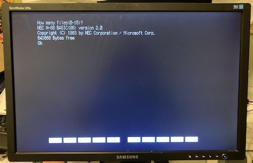 The PC-9801RA2's N88-BASIC(86) prompt has started. First, asking "how many files?" and then proudly proclaiming it's N88-BASIC(86) version 2.0 from 1983.