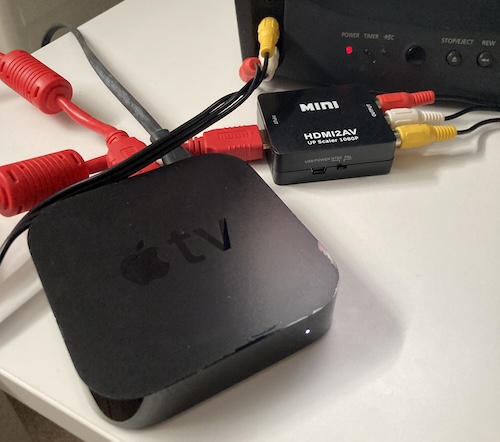 The AppleTV is connected to the HDMI-to-AV box, which is then connected to the Samsung's front composite-in jacks.