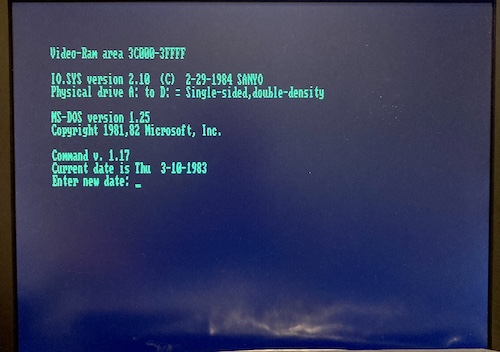 The Sanyo's DOS startup screen, after replacing the bad TMS4416 at U13. No more red garbage!