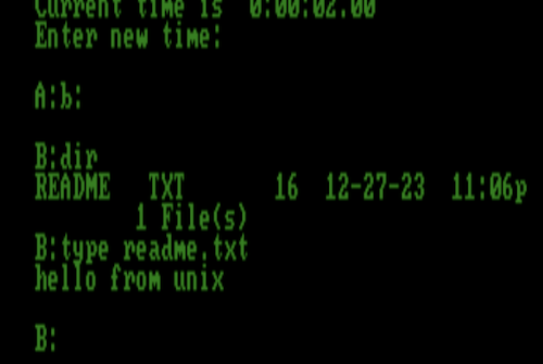 The MAME emulator showing a file called readme.txt, with the contents "hello from unix"