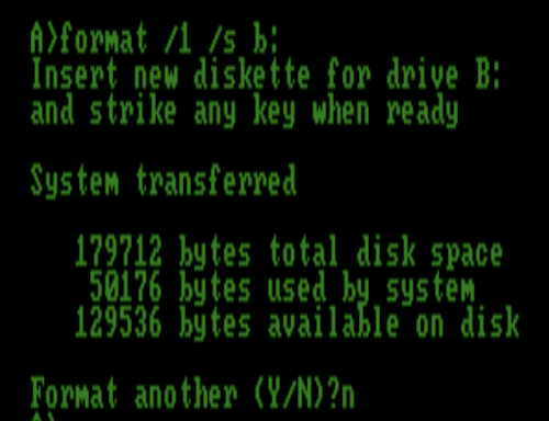 I am typing the above command into a DOS command shell. It tells me the system has been transferred, and the resulting disk is 179,712 bytes long, with 50,176 bytes used by the system.