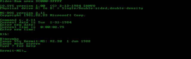 Kermit now says Sanyo 55x Kermit-MS: v2.30 1 Jan 1988. Sanyo mode screen. Type ? for help. There is a Kermit-MS> prompt for entering a command.