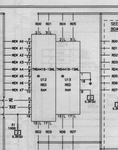 U12 and U13 from the schematic are shown to be "red" RAM. U13 controls lines RD4 through RD7, the latter nibble of a byte.