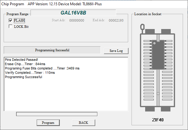 The Windows XGecu software is programming a GAL16V8B, all default settings, except the lock bit isn't set.