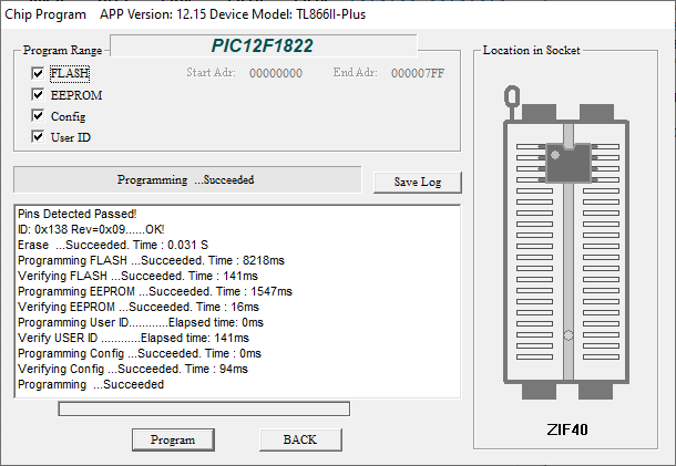 The Windows XGecu software is programming a PIC12F1822.