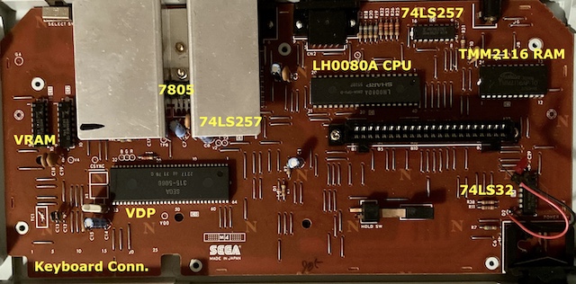 The motherboard is exposed, with parts labelled in yellow.