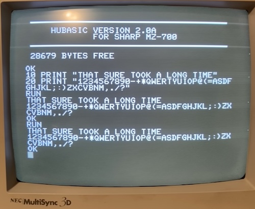 There are 28,679 bytes of RAM free for HuBASIC. I am printing some BASIC statements before testing the keyboard.