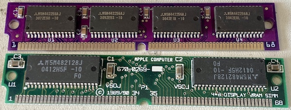 The new VRAM SIMM (top) and old 4•8 Display VRAM SIMM (bottom.) The old SIMM uses a Mitsubishi M5M482128