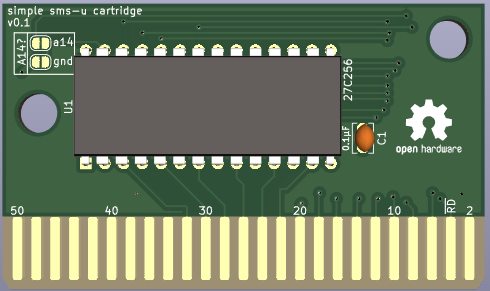 A KiCad screenshot of a green PCB, the "Simple SMS-U Cartridge"
