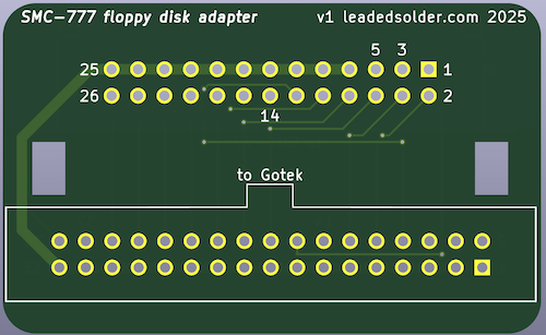 The Gotek adapter PCB, version one. Both connectors are mounted in the same plane, with one intended to point out the back, and the other out the front.