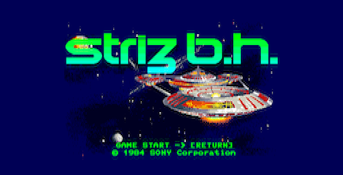 The title screen for "Striz B.H." A space station floats in an unfeeling sky.