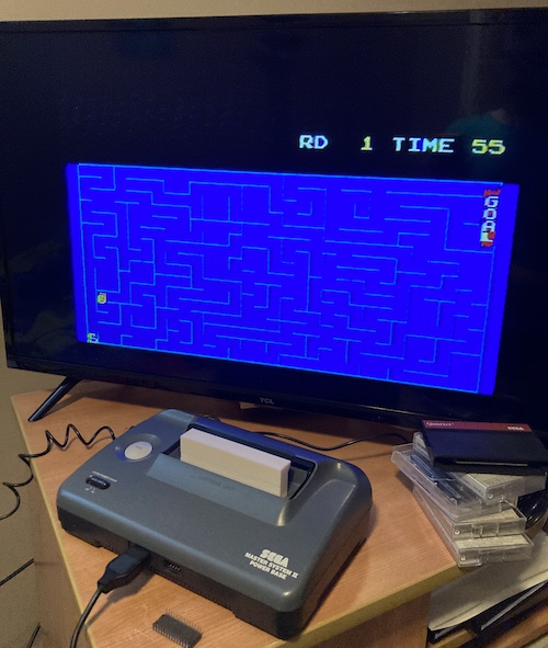 Snail Maze is now running, in fuzzy RF glory, on an SMS2, in the cartridge shell, using a 27c64 EPROM.