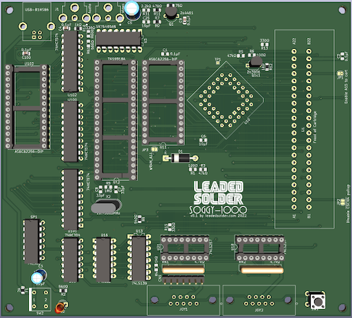 A board shot of the v0.1 board, loaded into KiCad 6. Notice all the empty space that could be used to hold a ROM. You may already see a problem with this board.