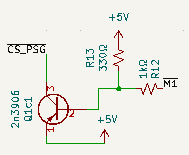 The new circuit: /M1 is the base of the transistor, /CS_PSG is the collector (through a current-limiting resistor,) and the emitter is pulled high to +5V.
