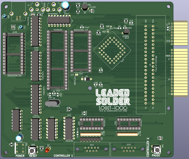 The second revision of the Soggy board, taken during development but well before submission to fabrication. Notice the funky edge connector on the right side. It made the board even wider, and thus more expensive, but it allowed the keyboard to happen.