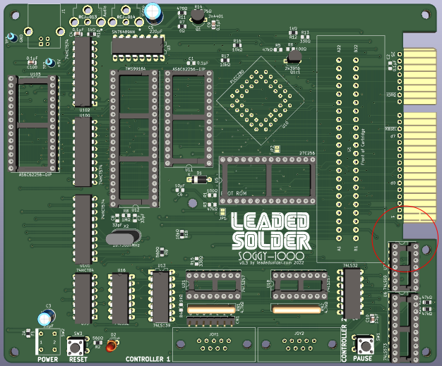 Circled in red is the new "meat" of the board, where it has been pulled out to be flush with the end of the edge connector.