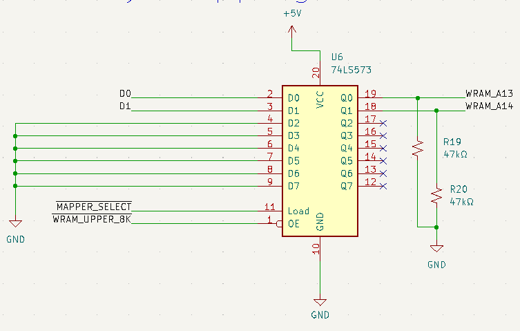 The 74LS573 latch. D0 and D1 inputs are tied to the CPU's D0 and D1, Q0 and Q1 outputs are tied to the RAM's A13 and A14 inputs. There are 47k pulldowns on those outputs.