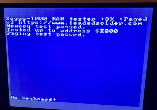 With the "load" bodge now working properly, the latch is correctly being written to, and the RAM tester shows that "paging test [has] passed."