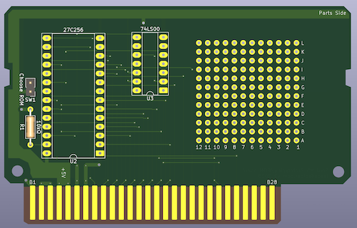 The parts side of the Sord M5 cartridge PCB, in version 1. It has sockets for a 27c256, a single jumper, a resistor, and a small prototyping area.