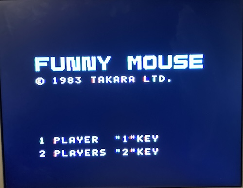 The title screen of "Funny Mouse." It says it's a copyright of 1983 Takara Ltd, and I should press 1 for single player or 2 for two players.