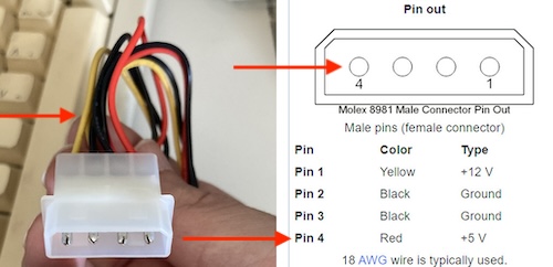The adapter is wrong. Pin 4 is supposed to be +5V, red, but it is instead yellow.