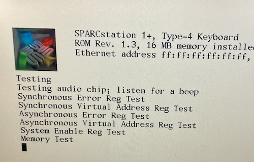 Now that the SCSI termination fuse has been replaced, the SparcStation is going past the initial sign-on banner, proceeding to a sound and memory test.
