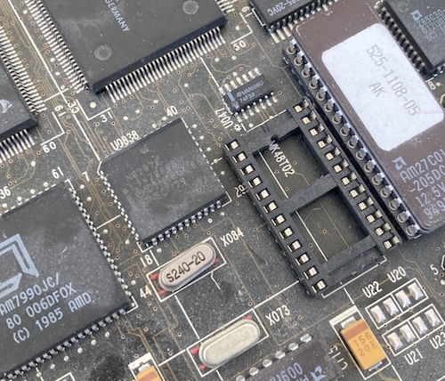 An empty DIP socket is left behind, with the marking "M48T02" underneath. There is a little bit of an "N" marking at the top of chip.