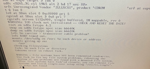 The SparcStation complains that the ZuluSCSI is an unrecognized brand of CD-ROM before attempting to mount /usr, which fails because sd3g isn't a device, and then tries to run fsck, which fails because it's probably in /usr somewhere.