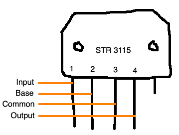 A poorly-drawn STR3115. Pin 1 is input, pin 2 base, pin 3 common, pin 4 output, pin 5 is chopped off.