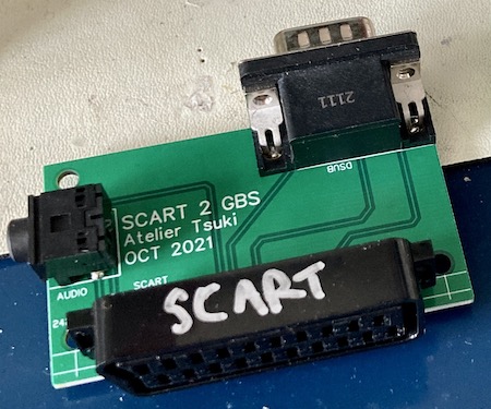 The assembled board. It reads "SCART 2 GBS Atelier Tsuki OCT 2021"