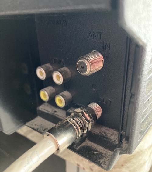 The dusty ports. RF cable is attached to one of the jacks.
