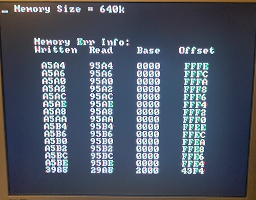 The computer is complaining about quite a few RAM failures. The bottom line is blurry because it's constantly finding new RAM failures to complain about.