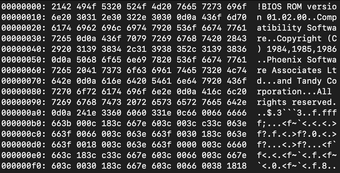 The Tandy 1000SX BIOS ROM dump in the hex editor. It has a string reading "BIOS ROM version 01.02.00 Compatibility Software Copyright 1984, 1985, 1986 Phoenix Software Associates Ltd and Tandy Corporation all rights reserved.