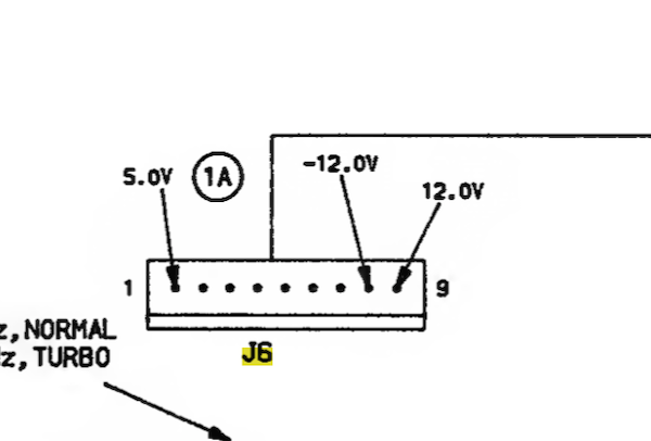 Tandy 1000SX PSU pinout on J6. From pin 1 to 9, left to right: 5V, ground (6 times), -12V, +12V