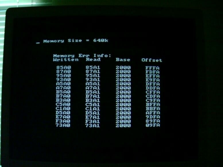 The seller's original listing shows this Work RAM error. It says Memory Size = 640k, and then complains that 0x85a0 came back as 0x85a1, as well as several other errors in the 0x2000-base range