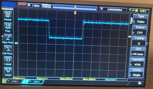 At 2 volts per div, the unterminated composite output sync dip appears to be approximately five volts tall.