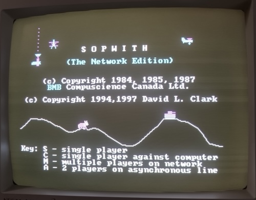 Sopwith is running on my Tandy, showing the title screen which proudly proclaims it was made in Canada.