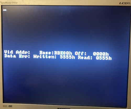 The cryptic error reports Vid Addr: Base: BBE80h Off: 0000h Data Err: Written: 5555h Read: 0555h