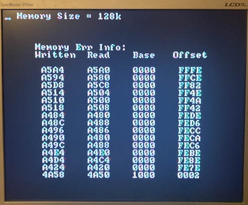 A "Memory Err" has arisen. Additionally, the computer complains that it only has 128K of RAM now.