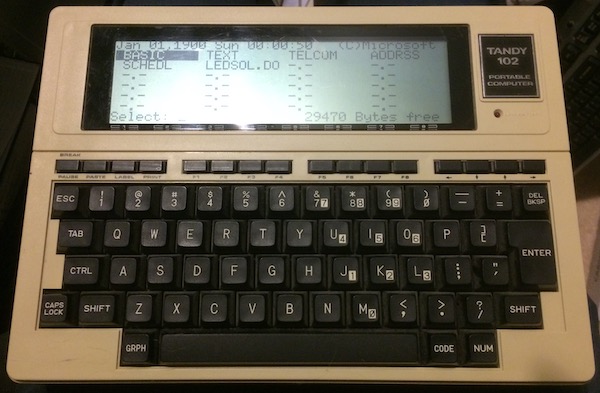 The Tandy 102's main menu.