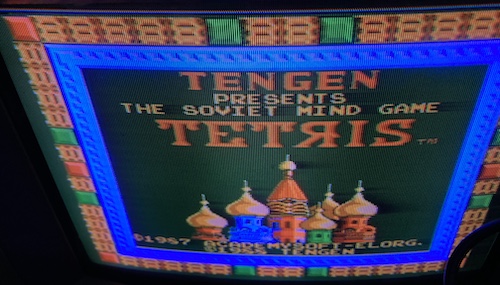 A startup screen reading TENGEN PRESENTS THE SOVIET MIND GAME "TETRIS" © 1987 ACADEMYSOFT-ELORG © 1988 TENGEN