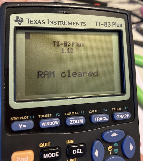 The TI-83 Plus screen reads: TI-83 Plus 1.12 / RAM Cleared